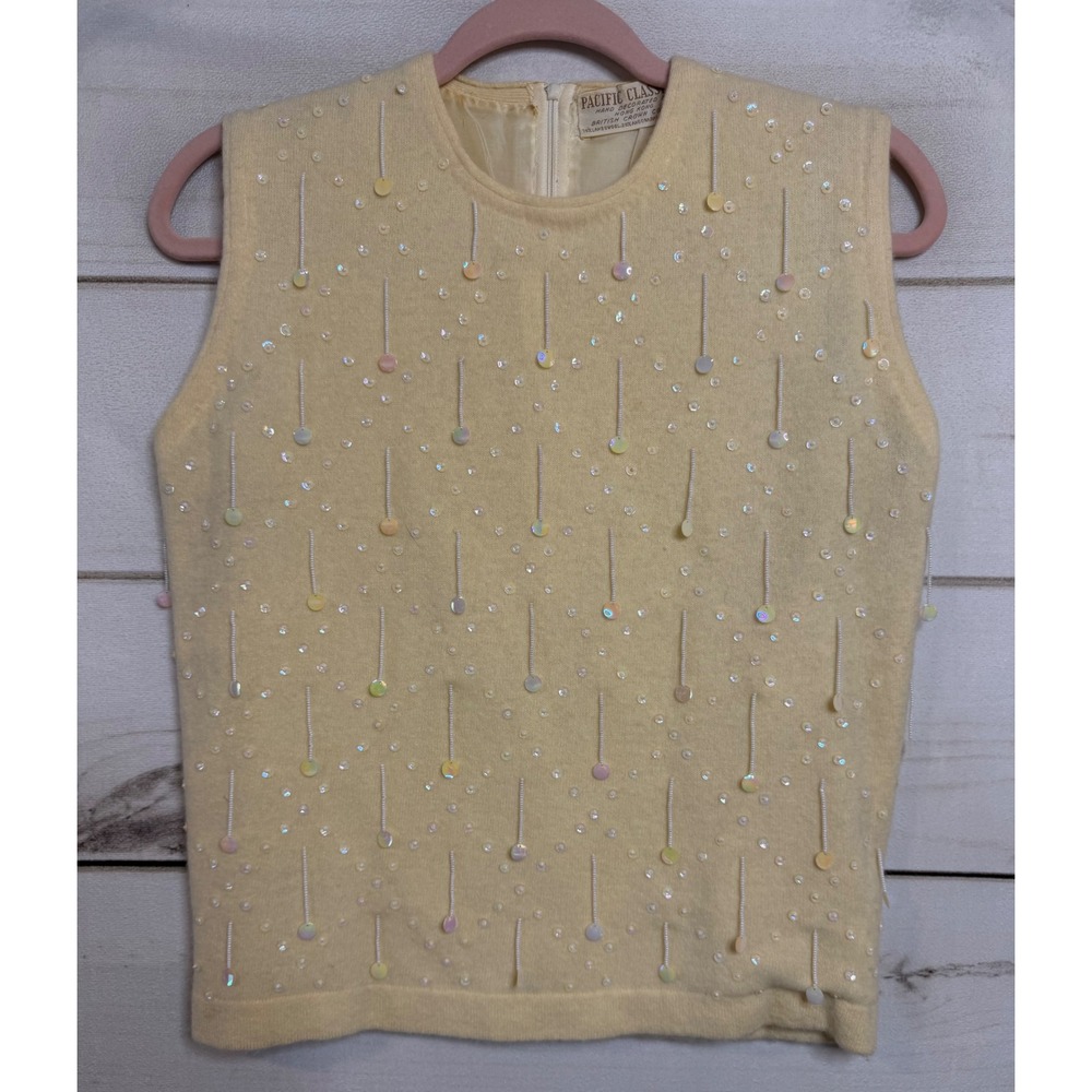 Vintage Pacific Classics Yellow Beaded Angora Lambswool Shell Sweater Top MCM‎